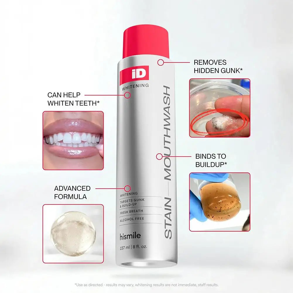 Hismile ID Whitening Stain Mouthwash 237ml – Long-Lasting Fresh Breath, Removes Stains & Plaque, Brightens Teeth, Oral Care